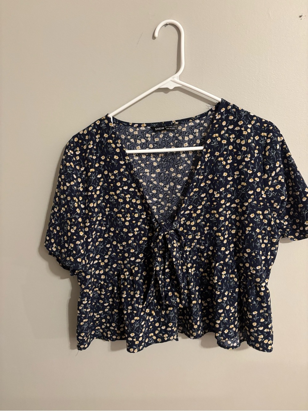 SHEIN Navy Floral Tie-Front Peplum Blouse